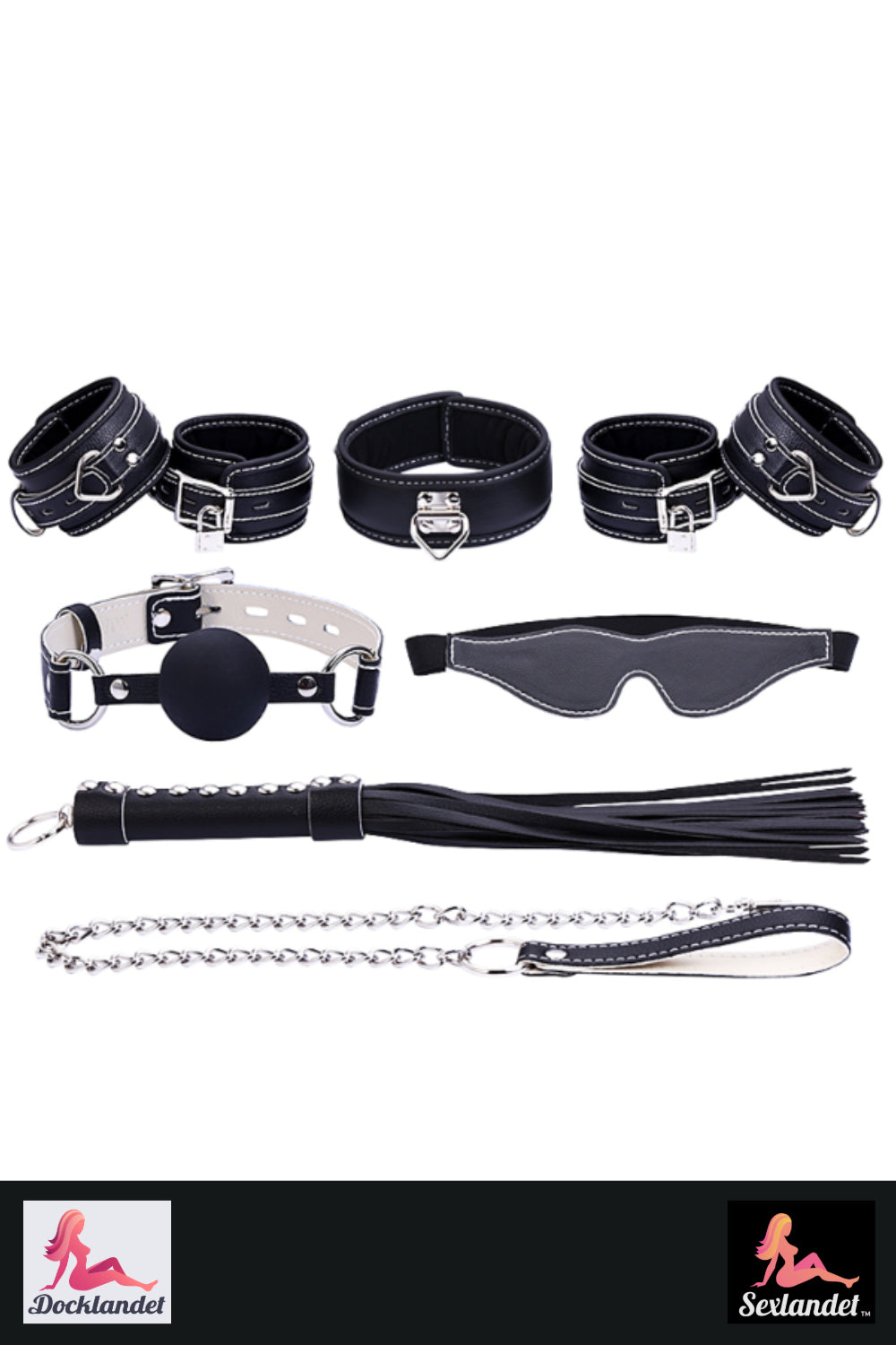 Kit BDSM - manetta, frusta, guinzaglio, gagball, maschera per gli occhi (set con 9 parti)