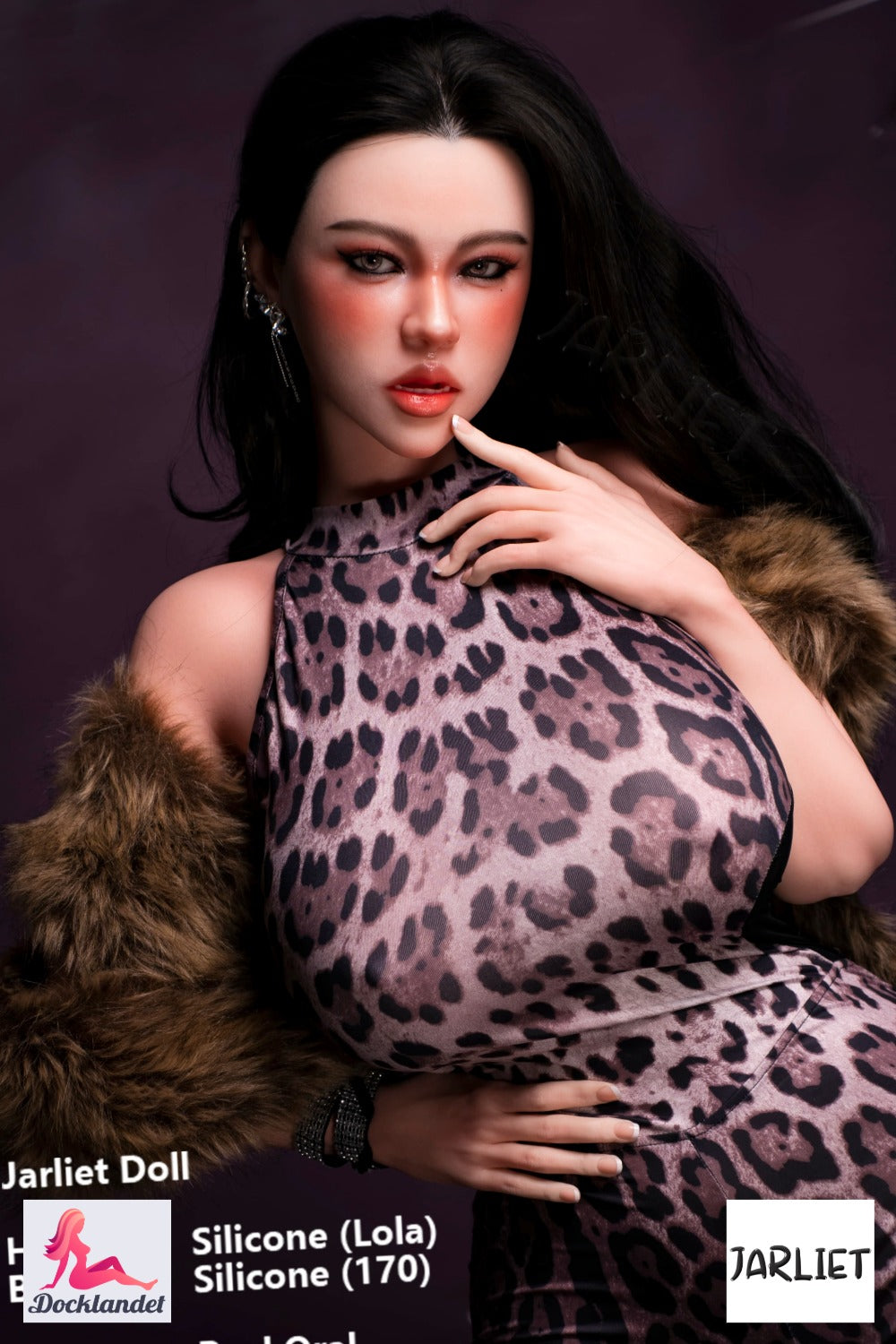 Lola 170 cm full silicone sex doll from Jarliet with fair skin, long black hair, leopard print outfit, G-cup, ROS and RST Real Skin Texture.