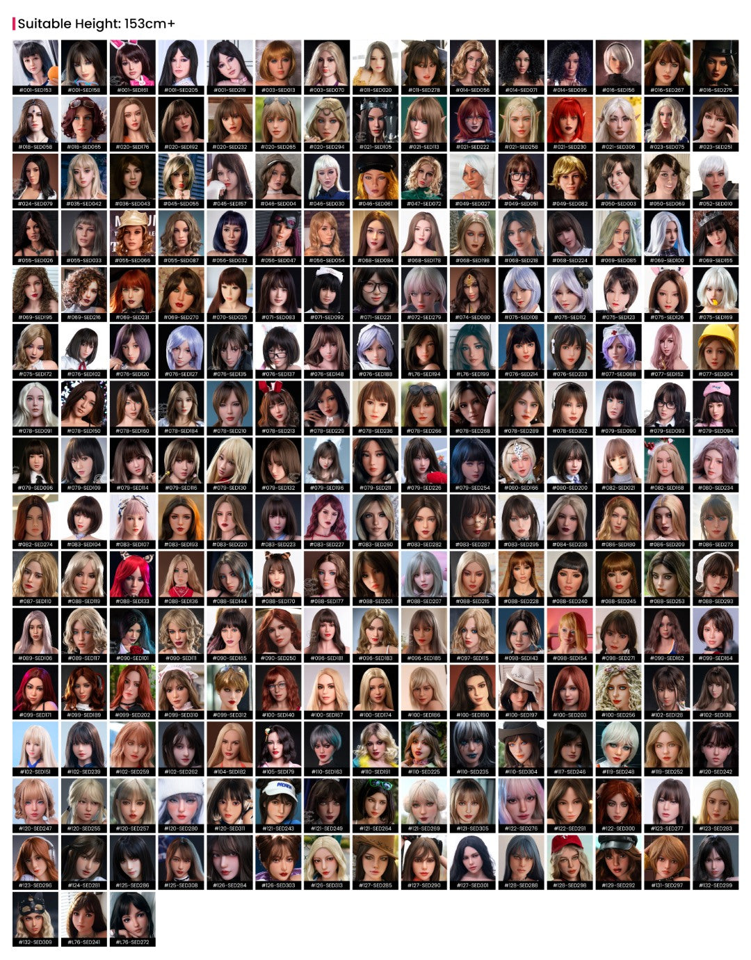 SE-Doll Silicone Pro huvudkatalog för realistiska sexdockor över 153 cm – stort urval av silikonhuvuden med olika ansiktsdrag, frisyrer och stilar för anpassningsbara premiumdockor.